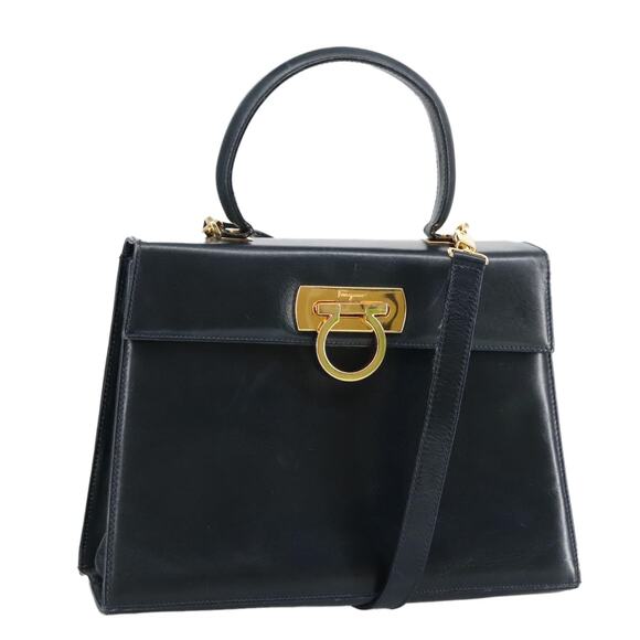 Salvatore Ferragamo Gancini Hand Bag Leather Navy Gold - Picture 1 of 16